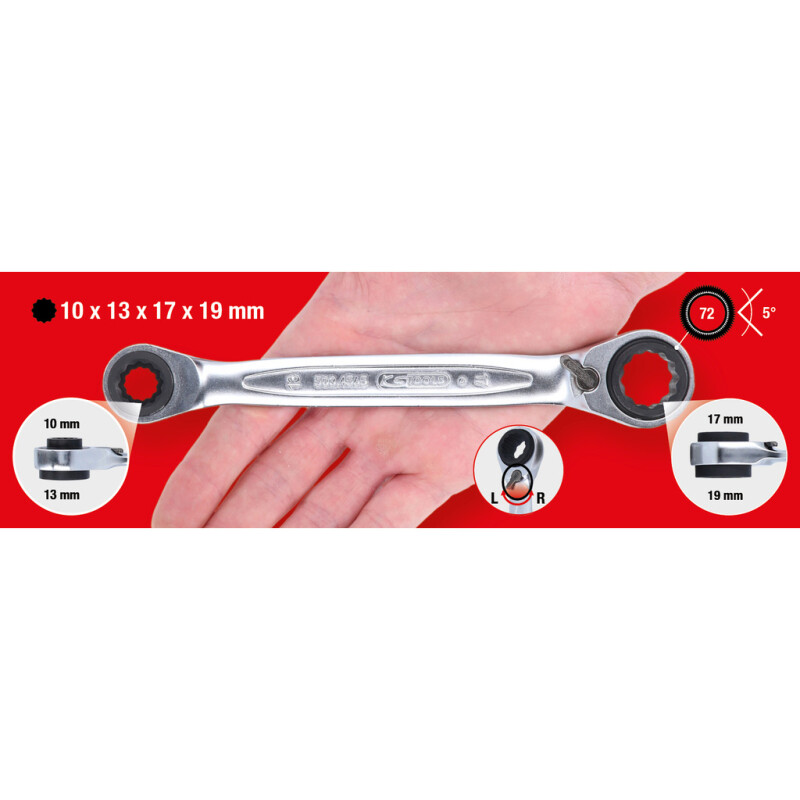 4 in 1 GEARplus Reversing Double Ratchet Ring Spanner, 10x13+17x19mm