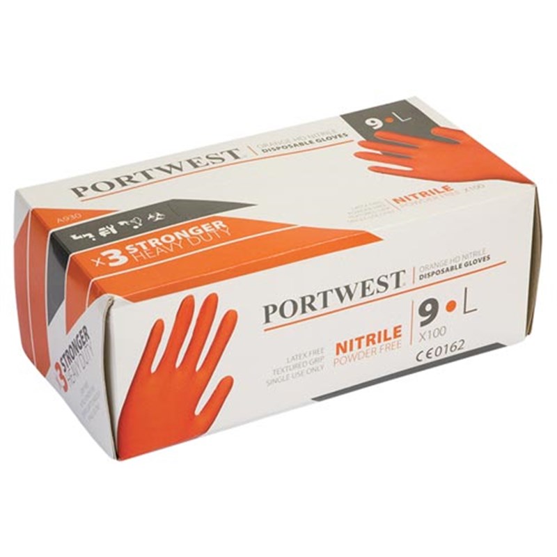 Disposable HD Orange Nitrile Gloves, Size 9 (Large), Pk 100